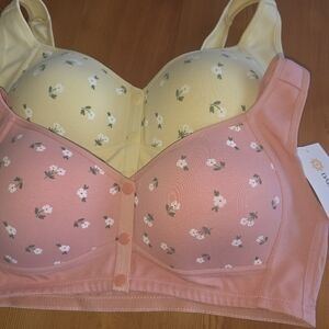 Daisy Bra, Set Of 2, Size Large, Snap Front, Yellow & Peach, Cotton/spandex